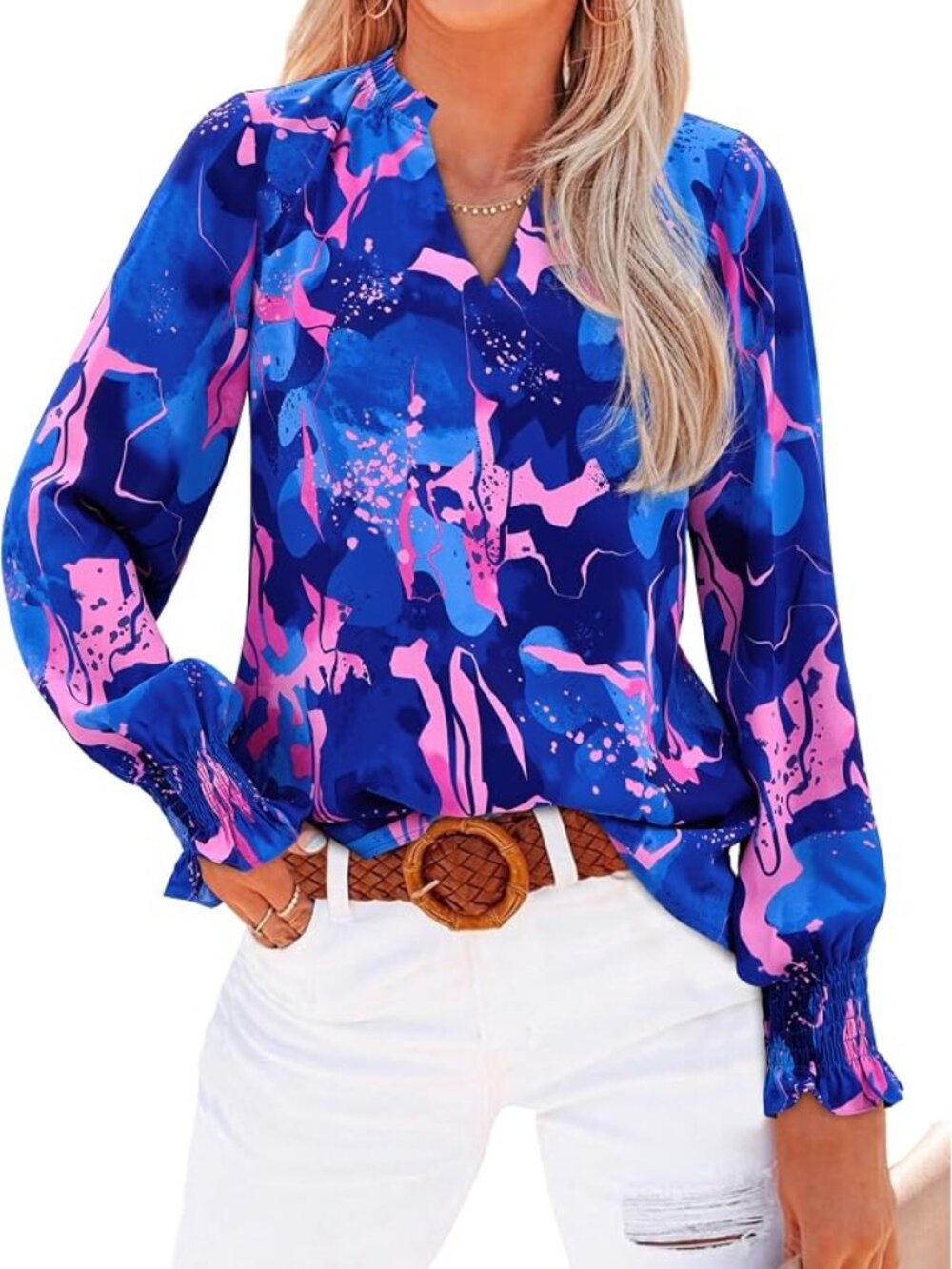 MASCOMODA Womens Boho Floral Long Sleeve Loose Chiffon Blouse - LARGE